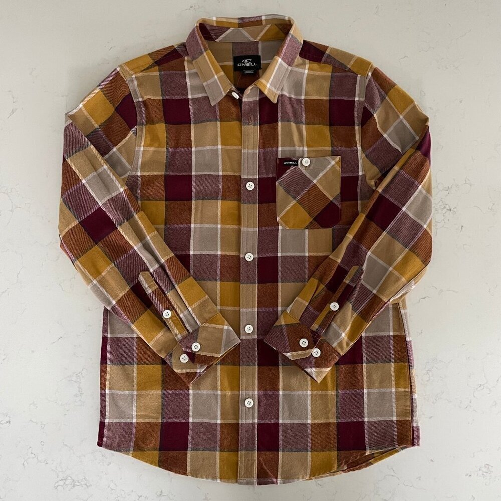 O'Neill Button Down LS 100% Cotton Check Shirt Burgundy Wht Tan Gold Sz S/M NWT